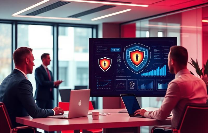 Executives analyzing a secure dashboard with data protection shields