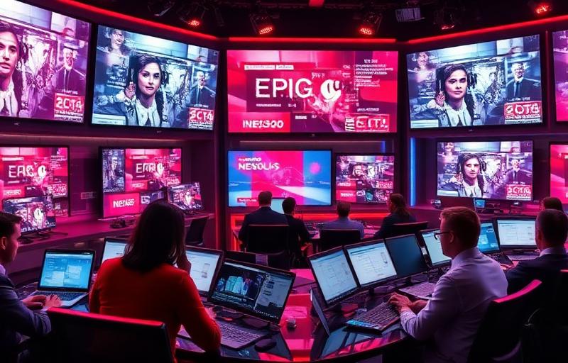 Digital newsroom with multiple screens showing multichannel editorial content