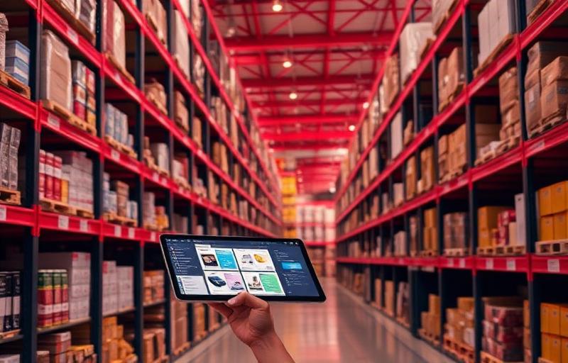 Retail worker reviewing product catalog on a tablet inside a warehouse