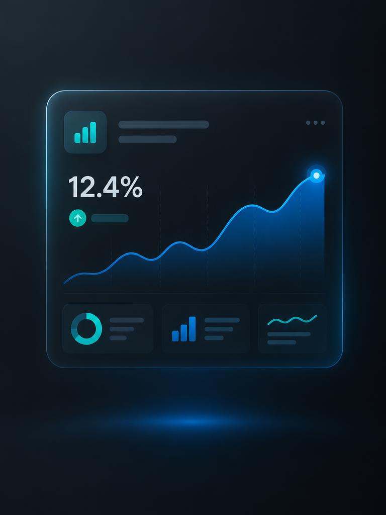 Panel de analítica con métricas de conversión en azul y teal