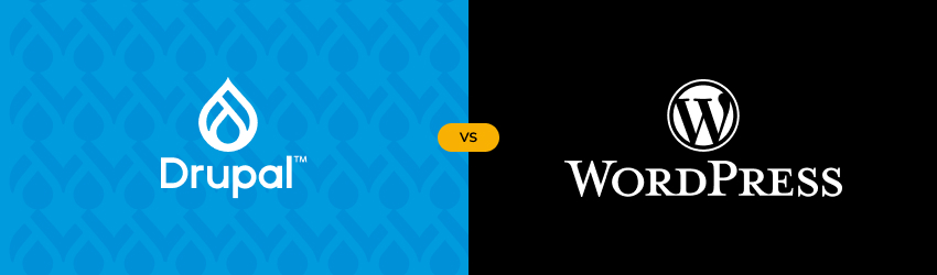 Comparative banner between Drupal and WordPress, with their logos facing each other on a blue and black split background