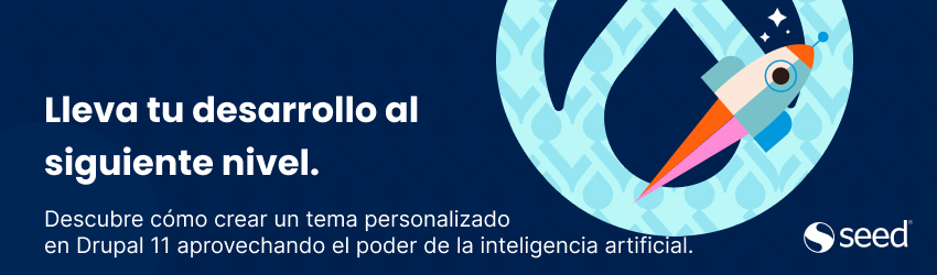Ilustración de un cohete despegando. Promociona un workshop de Drupal 11 y desarrollo con IA.