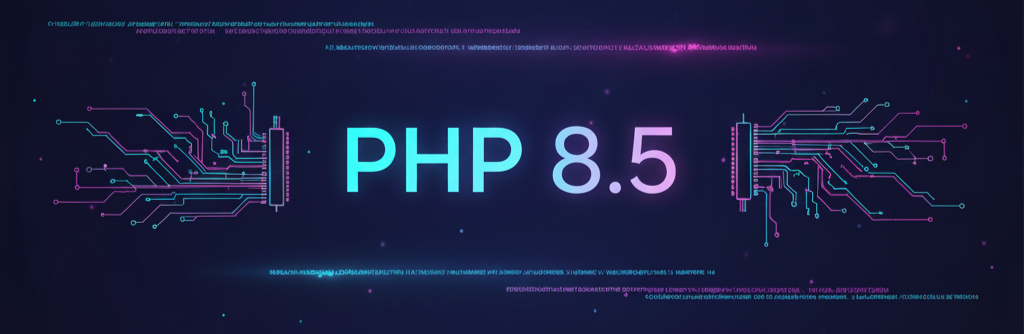Representación abstracta y moderna de PHP 8.5. El logo del texto 'PHP 8.5' en colores vibrantes, ubicado sobre un fondo oscuro con líneas de código estilizadas o una cuadrícula de datos digital, simbolizando velocidad, rendimiento y tecnología.