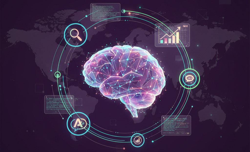 Red neuronal abstracta representando inteligencia artificial y flujo de datos estructurados para Answer Engine Optimization (AEO).