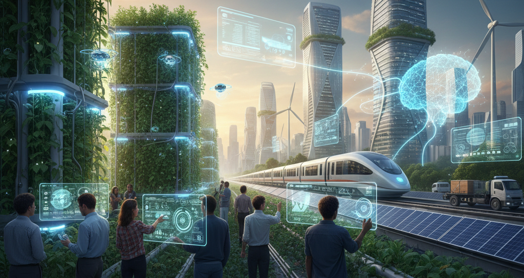Ilustración de una ciudad futurista y sostenible con edificios cubiertos de vegetación, paneles solares y aerogeneradores. Varias personas interactúan con pantallas digitales holográficas mientras un tren eléctrico avanza por la ciudad, representando el uso de inteligencia artificial y tecnología limpia en el desarrollo urbano.