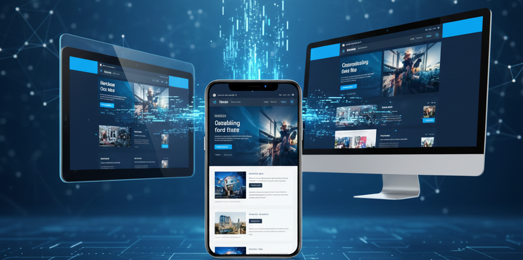 Diseño web responsive mostrado en un celular, una tablet y un computador, con la misma interfaz adaptada a diferentes tamaños de pantalla.