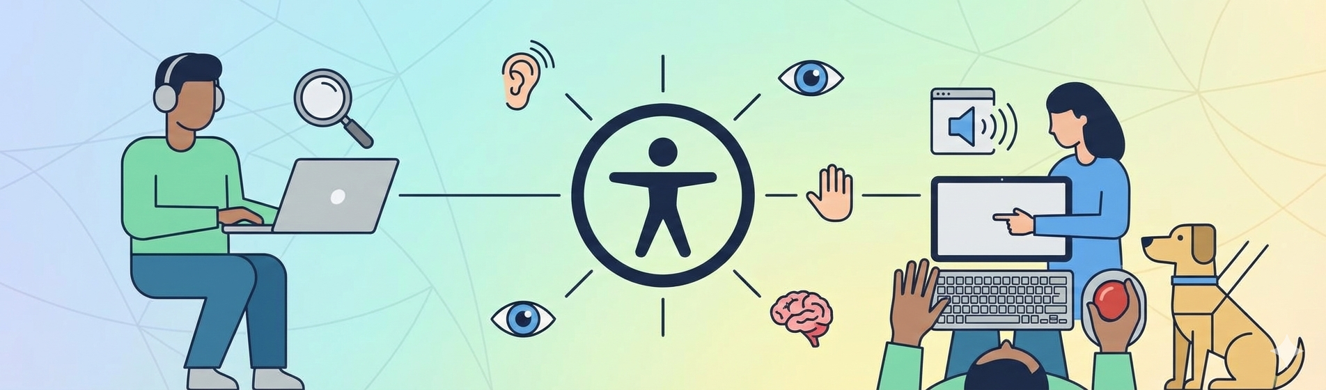 Ilustración de accesibilidad digital con computadoras y símbolos de visión y audición