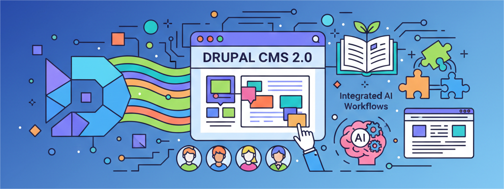 Ilustración de Drupal CMS 2.0 con iconos de IA, comunidad y flujos de trabajo en estilo lineal