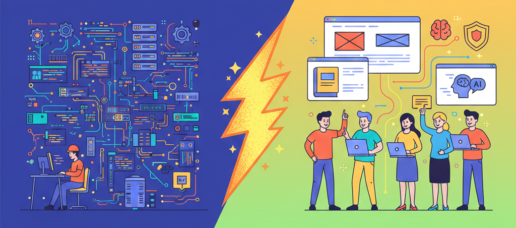 Contraste entre el desarrollo de código complejo y un equipo colaborando con interfaces visuales
