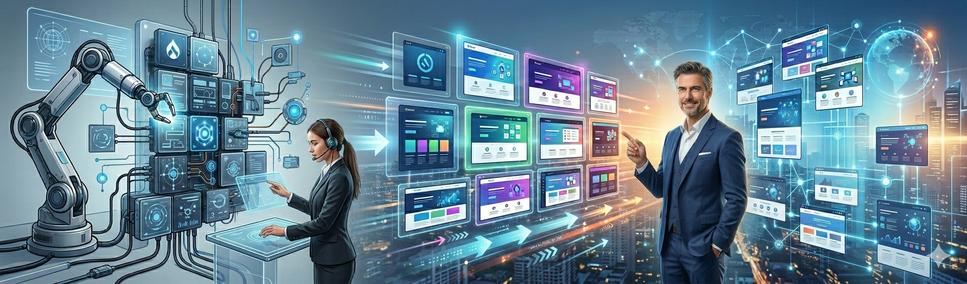 Banner tecnológico: transición de desarrollo complejo a plantillas CMS listas y hombre de negocios.