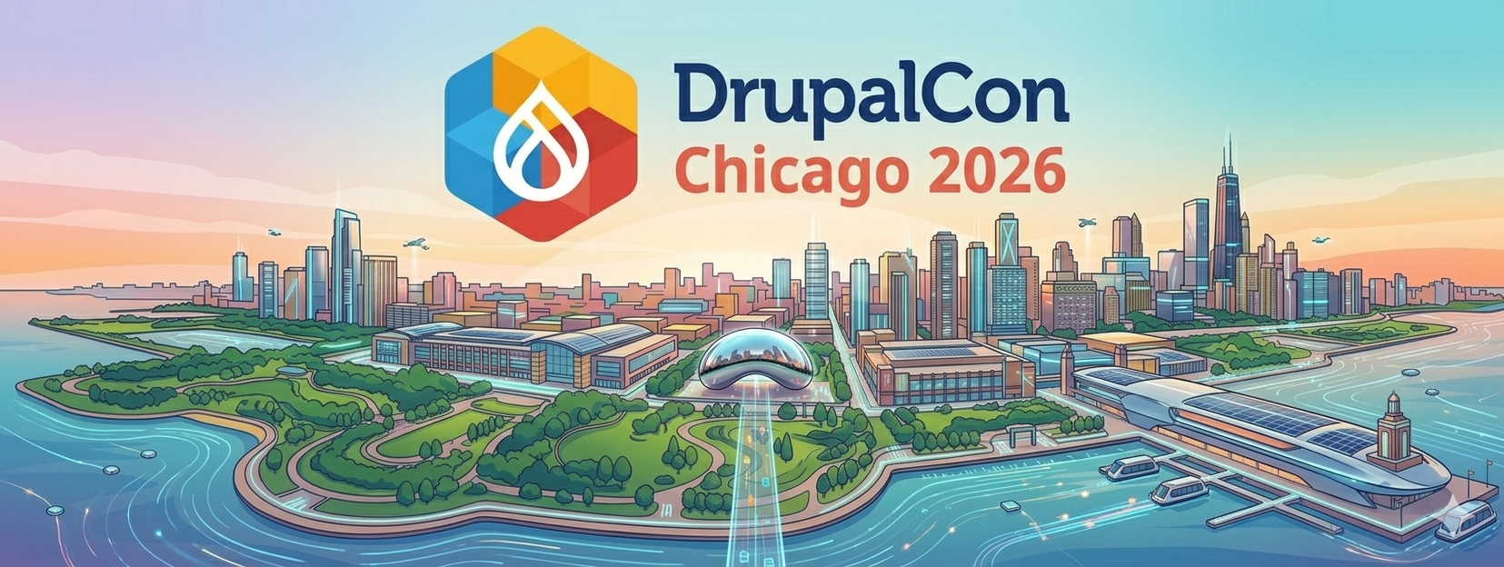 Logo de DrupalCon sobre dibujo tecnológico de Chicago con edificios de colores