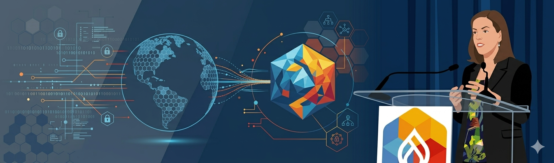 Ponente en atril junto a gráficos de un globo terráqueo y un cubo de datos interconectados.