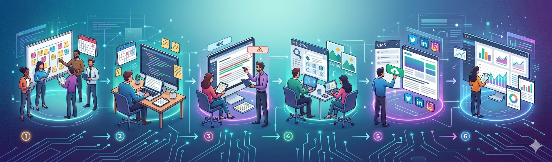 Ilustración de 6 pasos del ciclo de vida digital: desde planeación y código hasta SEO y analítica.