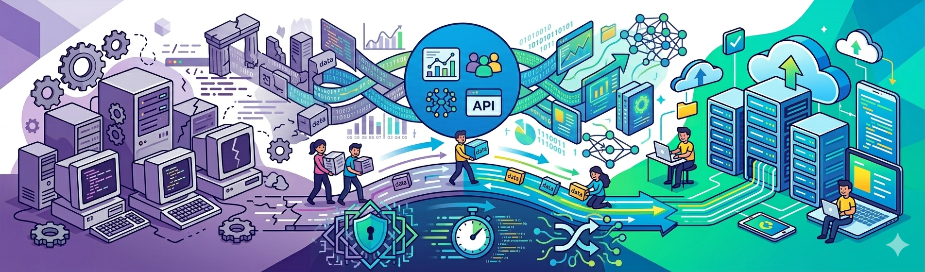 Ilustración del flujo de datos: desde sistemas antiguos y manuales hasta la nube y APIs modernas.