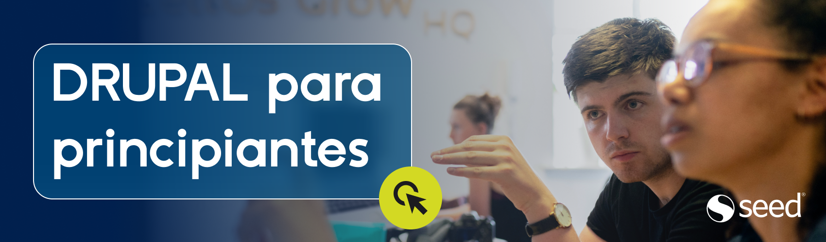 Banner con el texto "DRUPAL para principiantes" sobre una imagen de jóvenes trabajando en equipo
