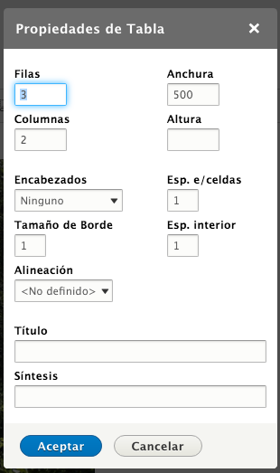 Propiedades de la tabla