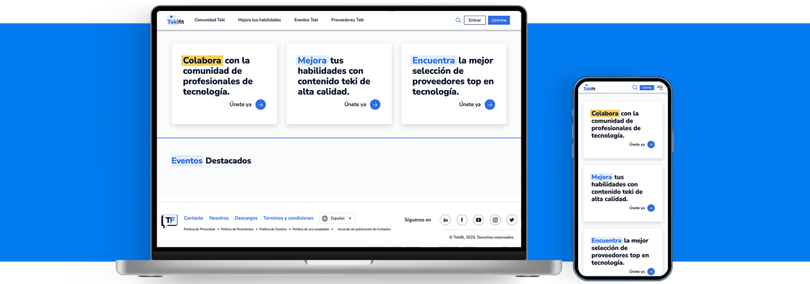 Interfaz responsive de Tekifit en laptop y móvil con secciones de comunidad, mejora y proveedores.